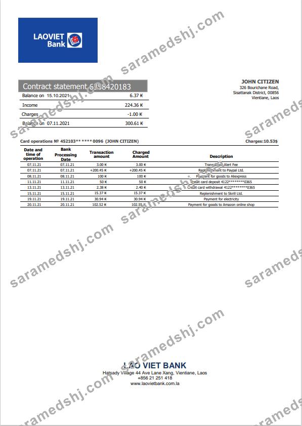 Laos Lao Viet Bank statement template in Word and PDF format
